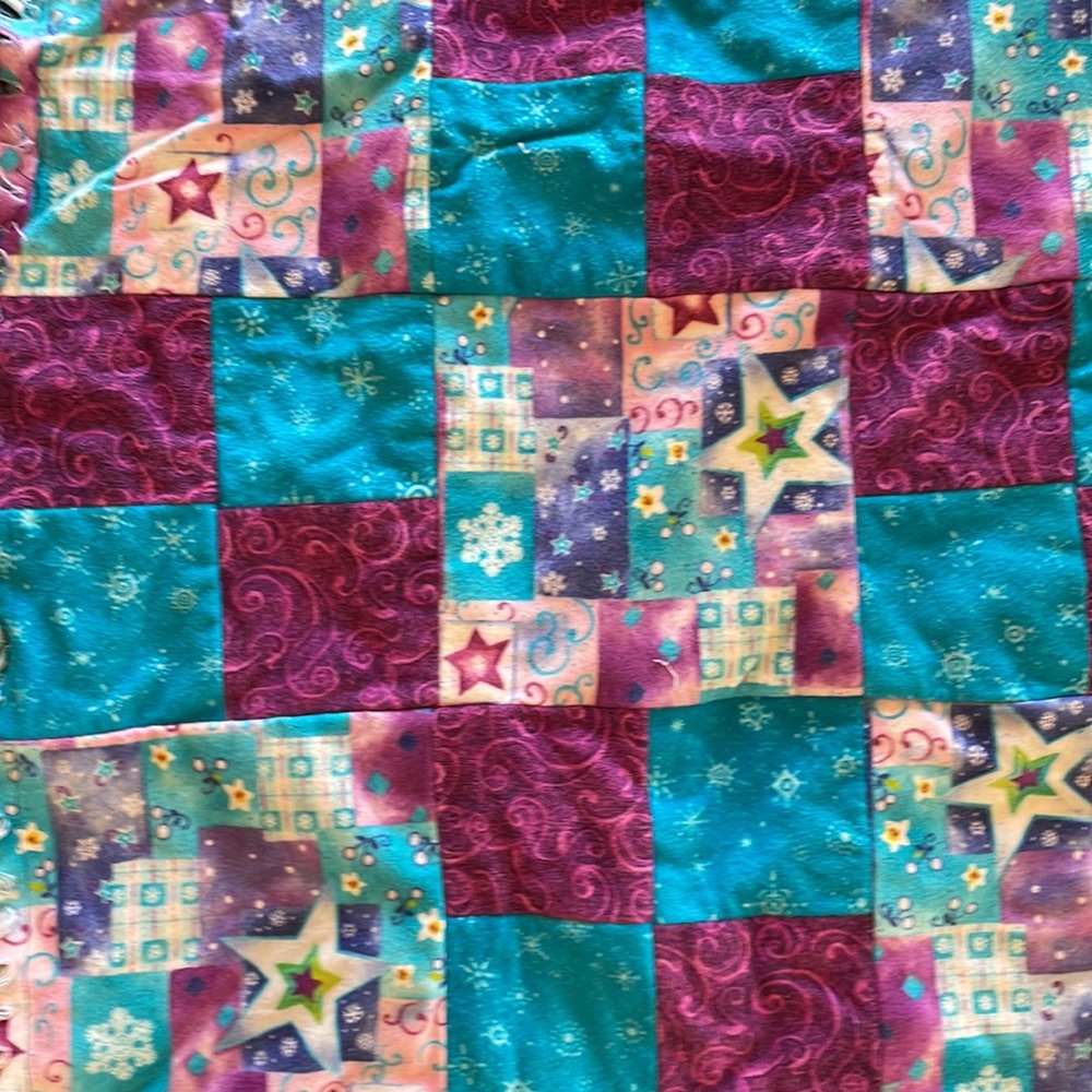 64”x49” NEW-reversible, hand made new quilt/throw/blanket purple/blue/denim soft